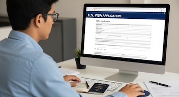Hombre de espaldas en una oficina frente a una computadora de escritorio que muestra el formulario de solicitud de visa de Estados Unidos, con un pasaporte abierto y un cuaderno.