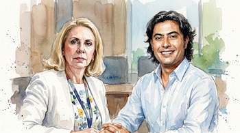 Imagen estilo acuarela de la fiscal Lucy Laborde, rubia, de semblante serio, y Nicolás Petro, moreno, con cabello oscuro y sonrisa, sentados uno al lado del otro.