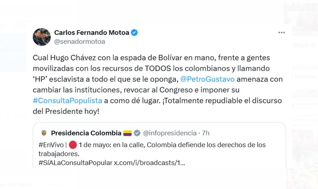 Carlos Fernando Motoa comparó el acto de Petro con el de Hugo Chávez - crédito @senadormotoa/X