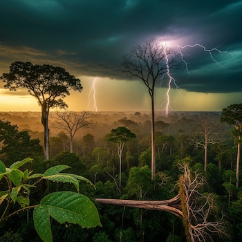 Selva amazónica bajo tormenta eléctrica. Rayos sobre árboles altos. Visibles árboles verdes, algunos secos y un tronco caído, con bruma dorada en el fondo.