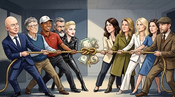 Caricatura de diez celebridades y sus exparejas divididas en dos grupos tirando de una cuerda con billetes y llaves en el centro.