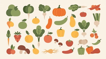 Manzanas, peras, calabazas, zanahorias, pimientos, rábanos, lechugas, uvas, champiñones, tomates, chiles y cebollas en una superficie clara.