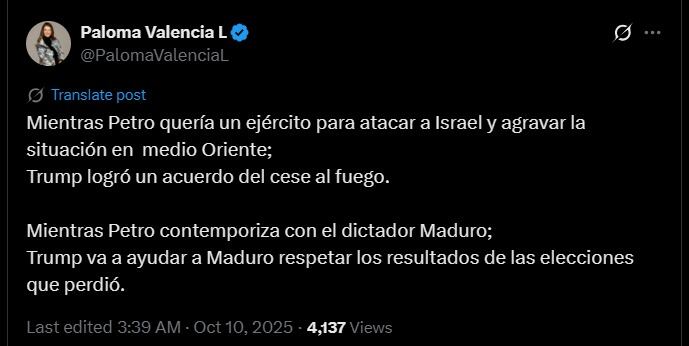Paloma valencia sobre maría Corina Machado - crédito captura de pantalla / X