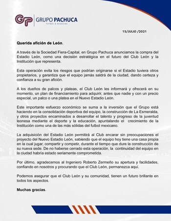 Comunicado de Grupo Pachuca por