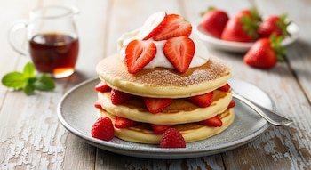 Pancakes apilados con fresas, crema batida, azúcar en polvo y frambuesas en un plato; jarra de jarabe y menta en el fondo desenfocado.