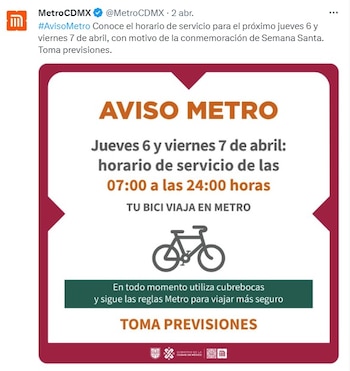 El Metro capitalino informó los horarios especiales que tendrá para los días de Semana Santa