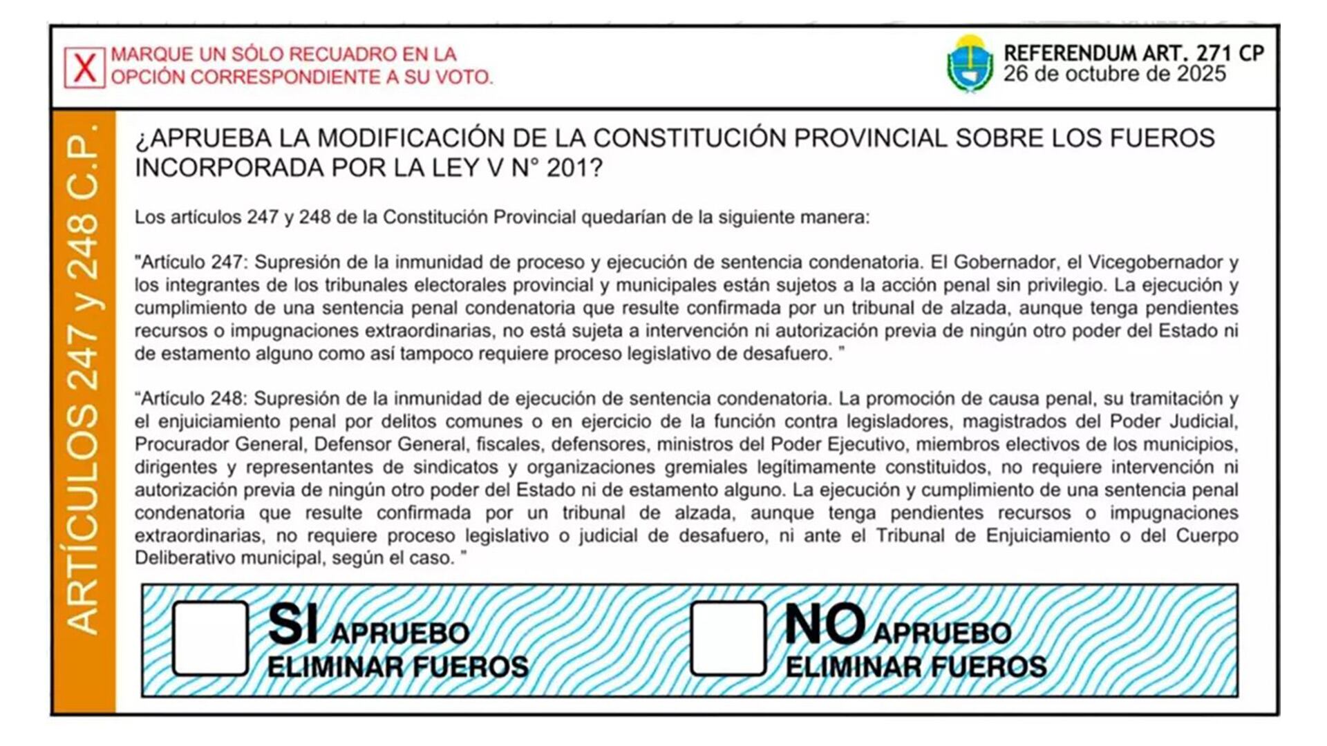 Boleta del referéndum para eliminar los fueros para los tres poderes del Estado y sindicalistas de Chubut
