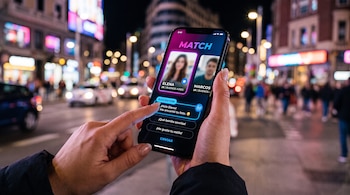 Manos que sostienen un teléfono móvil con una aplicación de citas en pantalla, frente a una calle iluminada de noche.