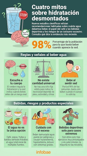 Infografía con fondo verde y texto en español que ilustra cuatro mitos de la hidratación, mostrando un cerebro, vaso de agua, balanza, boca, garganta, alimentos y personas.