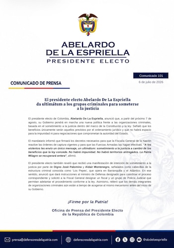Abelardo de la Espriella afirmó que los beneficios para quienes decidan entregarse serán únicamente los contemplados en la legislación vigente, sin crear mecanismos especiales - crédito @defensoresco/X