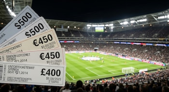 Boletos impresos con precios de 400 a 500 en dólares, euros y libras en primer plano. Un estadio iluminado y lleno de gente se ve al fondo.