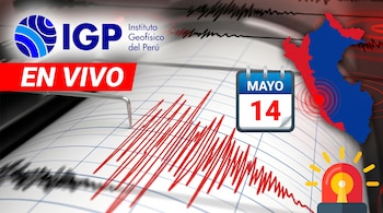 Imagen horizontal con sismógrafo y ondas sísmicas, mapa de Perú con epicentro, calendario "Mayo 14", logo IGP, alarma y texto "EN VIVO".