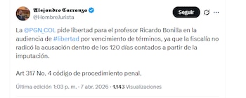 El abogado Alejandro Carranza informó que la Procuraduría pidió la libertad de Ricardo Bonilla - crédito @HombreJurista/X