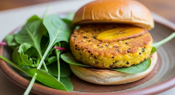 Primer plano de una hamburguesa de plátano macho y quinoa dorada en un pan de hamburguesa, servida en un plato rústico con hojas verdes frescas a un lado.