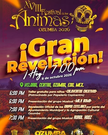 Cartel promocional con letras doradas, una calavera, un programa de actividades y un fondo con flores de cempasúchil