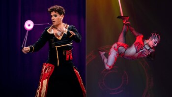 Hombre con traje negro, dorado y rojo manipulando un diábolo brillante rosa, junto a mujer con traje rojo y negro brillante en una acrobacia aérea