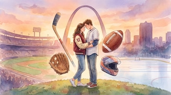 Ilustración en acuarela de una pareja abrazándose con el Arco Gateway de St. Louis de fondo. Se ven elementos de béisbol, hockey, fútbol americano y automovilismo.