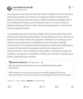 José Obdulio Gaviria rechazó pronunciamiento de Gustavo Petro