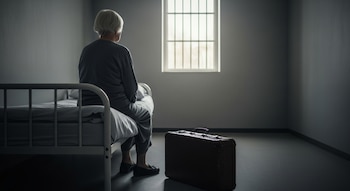 Vista trasera de una anciana de cabello blanco sentada en una cama con sábanas blancas, junto a una maleta marrón en una habitación con una ventana enrejada.