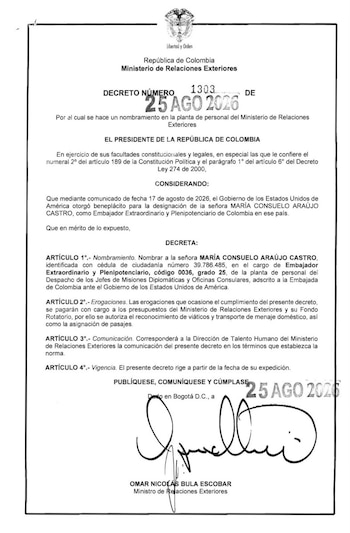 El Decreto 1303 del 25 de agosto de 2026 oficializa el nombramiento de María Consuelo Araújo Castro en la Embajada de Colombia ante Estados Unidos. - crédito Presidencia
