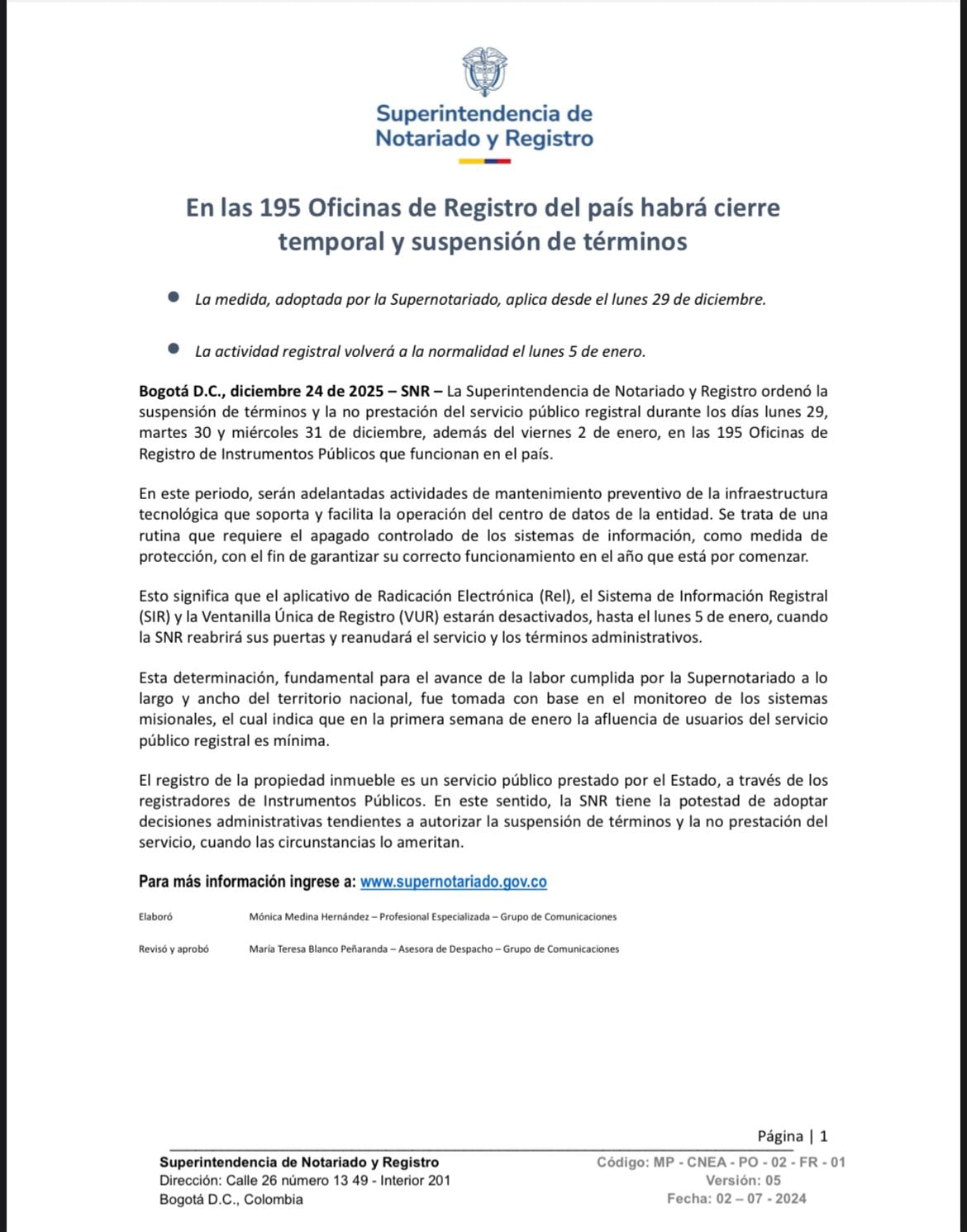 La baja afluencia de usuarios en fin de año facilitó la programación de los trabajos técnicos en la entidad. - @Supernotariado/X