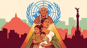 Una mujer anciana, una mujer con un bebé y una niña frente al logo de las Naciones Unidas y siluetas de edificios de una ciudad.