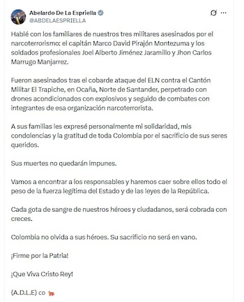 El presidente Abelardo De La Espriella afirmó que los responsables del ataque en Norte de Santander no quedarán impunes - crédito @ABDELAESPRIELLA/X
