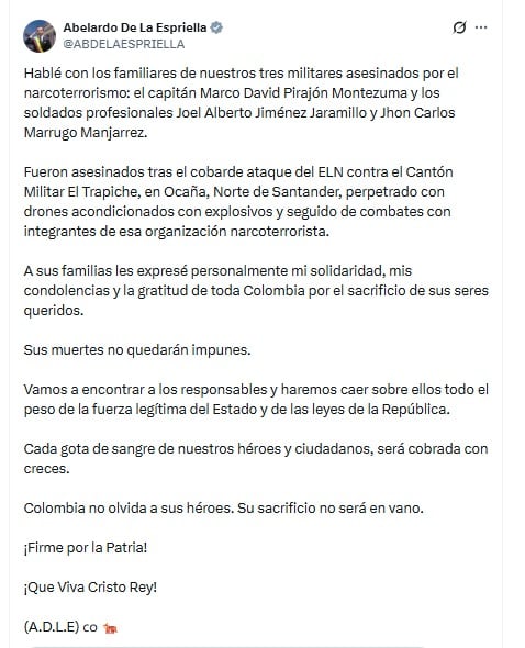 El presidente Abelardo De La Espriella afirmó que los responsables del ataque en Norte de Santander no quedarán impunes - crédito @ABDELAESPRIELLA/X