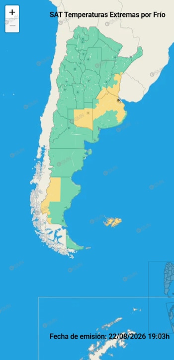 El mapa oficial del SMN muestra las zonas bajo alerta por frío extremo en Argentina