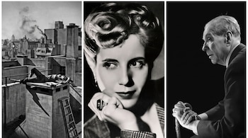 Tres imágenes en blanco y negro: una persona recostada en la estructura de un techo, el rostro de una mujer y el perfil de un hombre con bastón.