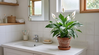 Una maceta de terracota con una planta de espatifilo de flores blancas sobre una encimera de baño blanca junto a un lavabo.