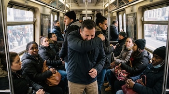 Vagón de tren con múltiples pasajeros, un hombre estornuda cubriéndose con el codo, otros pasajeros están sentados o de pie a su alrededor.