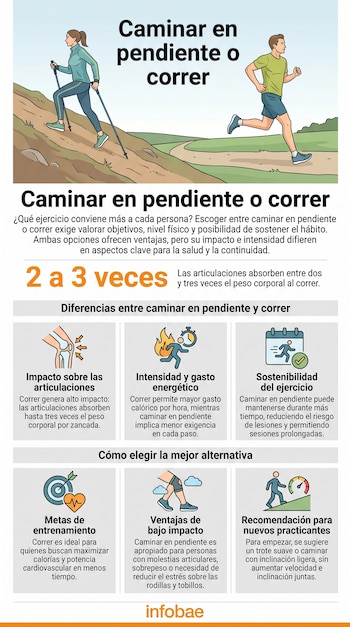Infografía con título "Caminar en pendiente o correr", ilustraciones de persona caminando en cuesta y persona corriendo. Seis recuadros con texto, iconos y logo Infobae.