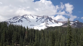 Montaña nevada con picos rocosos y un extenso bosque de pinos en primer plano bajo un cielo parcialmente nublado