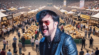 Un hombre con chaqueta de cuero y gafas de sol grita ante una multitud y varios puestos con letreros de feria del queso.