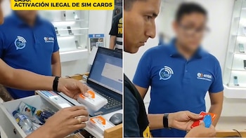 Un hombre con polo azul de Entel observa mientras manos sacan tarjetas SIM de un cajón junto a una laptop, y otras manos sostienen tarjetas de crédito