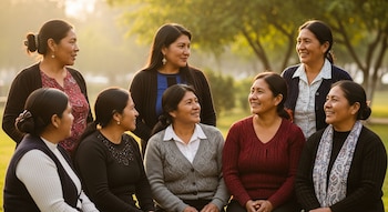 Ocho mujeres peruanas de piel mestiza, de mediana edad, posan sonriendo y conversando en un parque soleado. Visten ropa casual moderna.