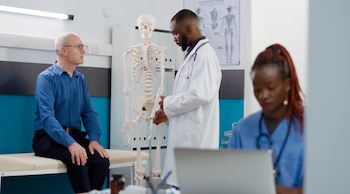 Un médico varón explica el esqueleto humano a un paciente varón en una clínica. Una enfermera trabaja en el fondo, desenfocada