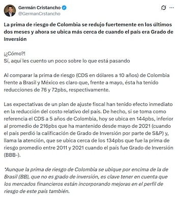 Germán Cristancho, gerente de Investigaciones Económicas de Davivienda, dijo que las expectativas de un plan de ajuste fiscal han tenido efecto inmediato en la reducción del costo relativo del país - crédito @GermanCristancho/X