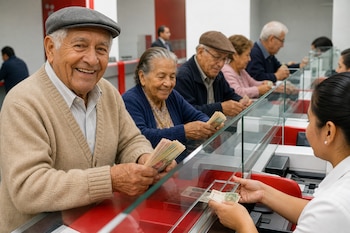 Un hombre mayor con gorra sostiene billetes en efectivo frente a la ventanilla de vidrio de un banco.