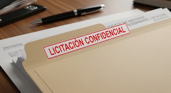 Una carpeta beige con la etiqueta 'Licitación Confidencial' sobre una pila de papeles, junto a un bolígrafo y una engrapadora en un escritorio de madera.