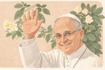 Ilustración del Papa Francisco sonriente con gafas, sotana blanca y solideo, saludando con la mano derecha y un anillo. Fondo de rosas amarillas y hojas verdes.