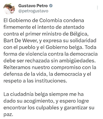 Desde Bélgica se confirmó que frustraron un intento de ataque en contra del primer ministro de ese país, Bart De Wever - crédito @petrogustavo/X