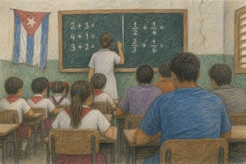 Dibujo de un aula con alumnos de espaldas, una profesora frente a una pizarra con ejercicios matemáticos y una bandera de Cuba en la pared.