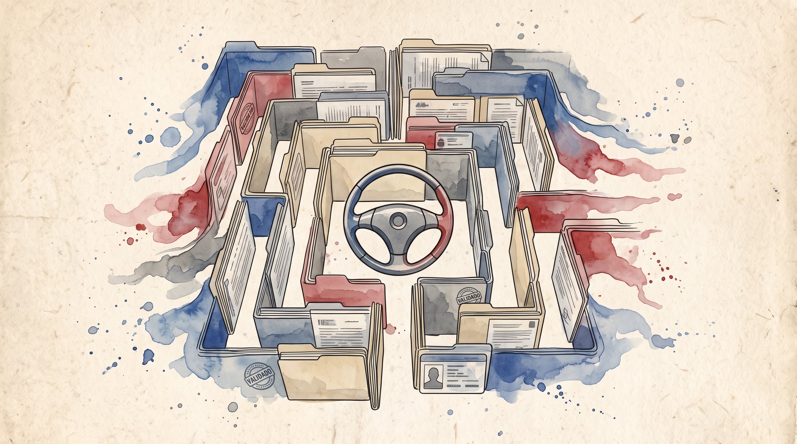 Una ilustración conceptual representa la burocracia en los trámites vehiculares mediante un laberinto de carpetas de archivo que rodea un volante. (Imagen Ilustrativa Infobae)