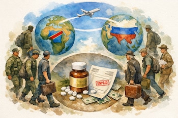 Ilustración: avión entre dos globos (Congo y Rusia). Ocho hombres, algunos en uniforme, caminan alrededor de una factura impaga, billetes y un frasco de pastillas.