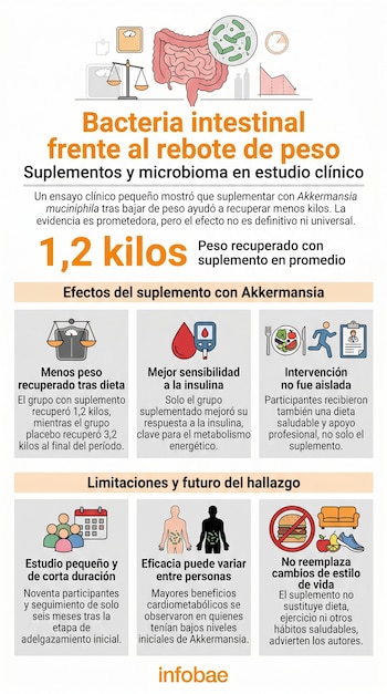 Infografía sobre un estudio clínico de la bacteria Akkermansia muciniphila, mostrando ilustraciones de intestino, balanzas, bacterias, glucosa, comida, ejercicio y una persona.