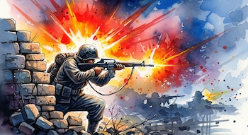 Ilustración en acuarela: Un soldado con casco y mochila dispara un rifle agachado tras un muro. Explosiones de fuego y humo iluminan el fondo con colores vivos.