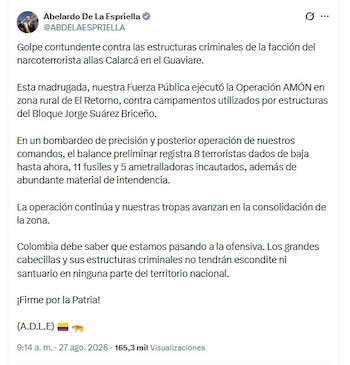 El mandatario reportó ocho integrantes muertos y la incautación de 11 fusiles y cinco ametralladoras durante la Operación AMÓN, desarrollada en zona rural de El Retorno - crédito X