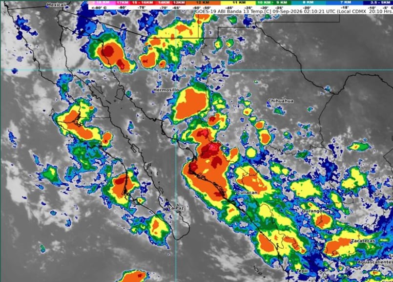 Un mapa satelital del Servicio Meteorológico Nacional presenta la formación de sistemas nubosos sobre el noroeste de México el 9 de septiembre. (Conagua Clima)